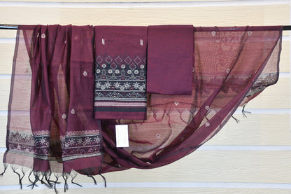 Plum Wine Printed Cotton Dress Material Set