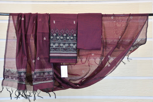 Plum Wine Printed Cotton Dress Material Set