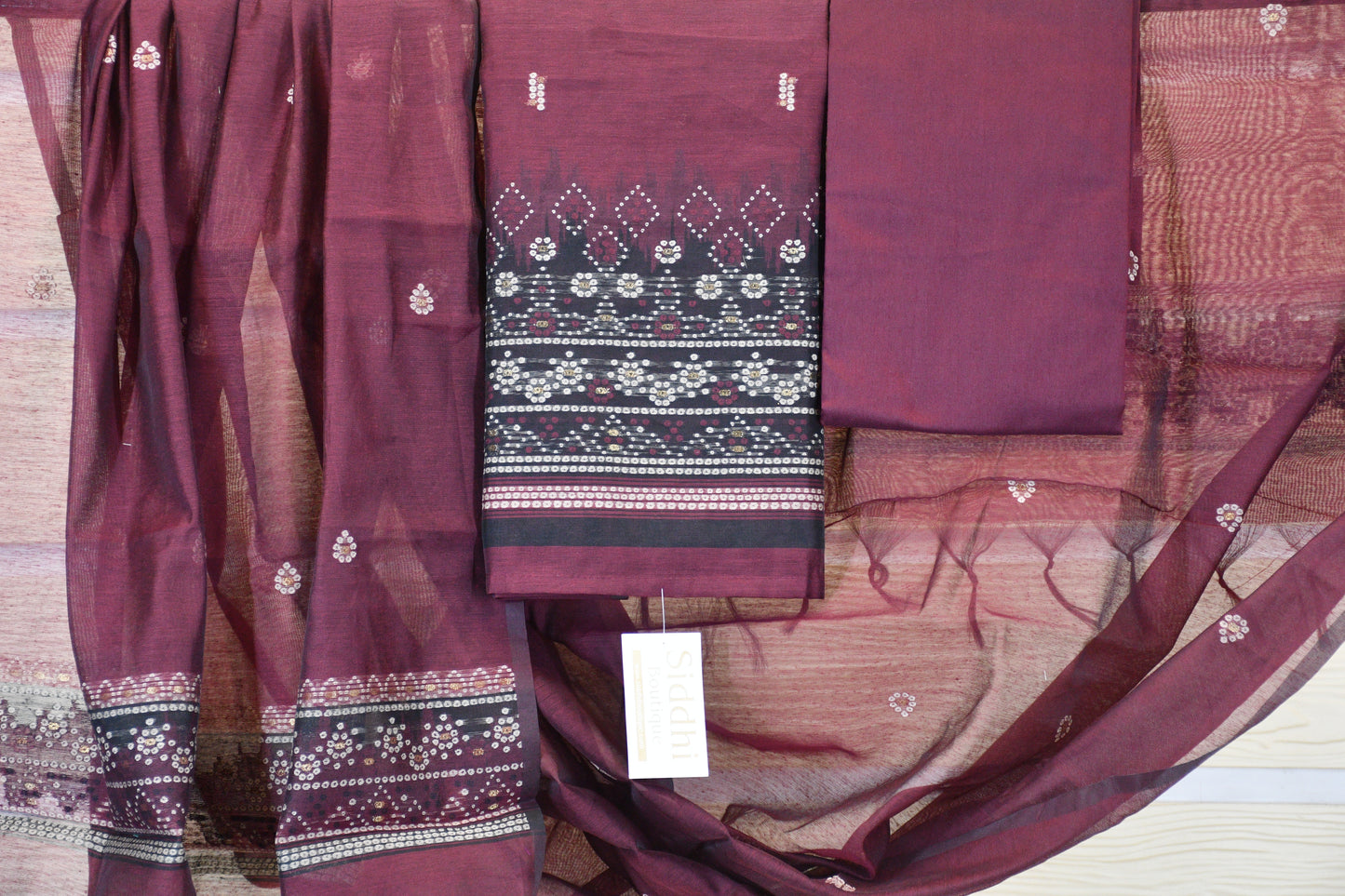 Plum Wine Printed Cotton Dress Material Set