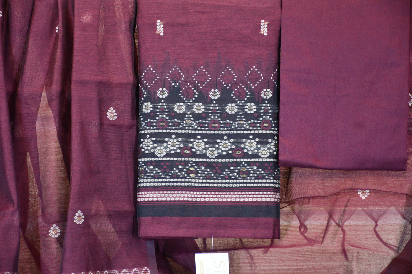 Plum Wine Printed Cotton Dress Material Set
