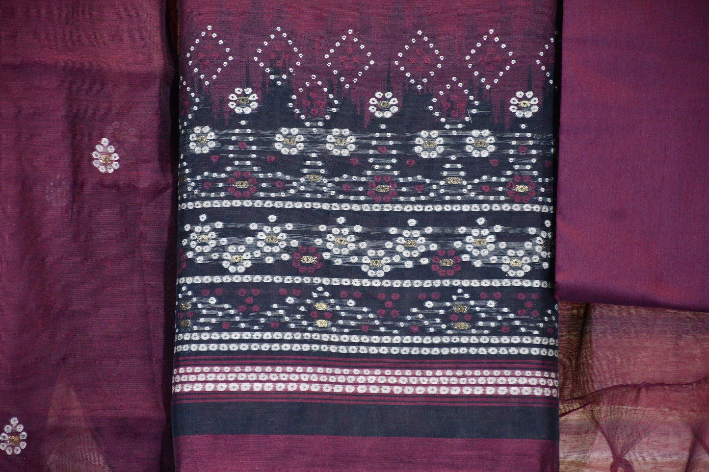 Plum Wine Printed Cotton Dress Material Set