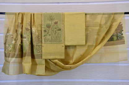 Mustard Printed Cotton Dress Material Set