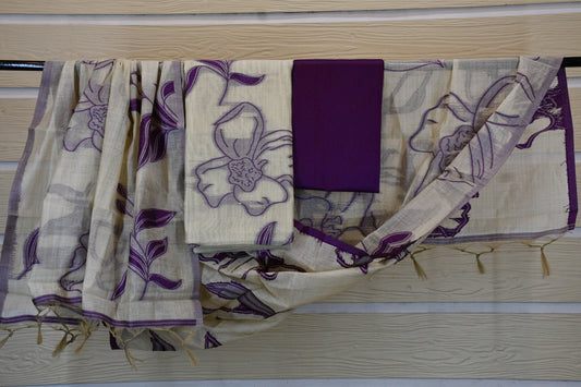 Ivory Floral Printed Cotton Dress Material Set