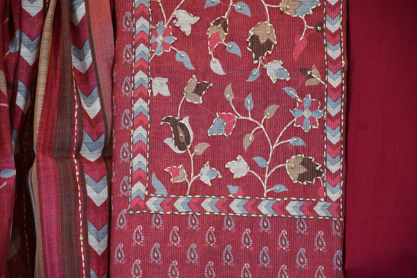 Maroon Floral Printed Dress Material Set