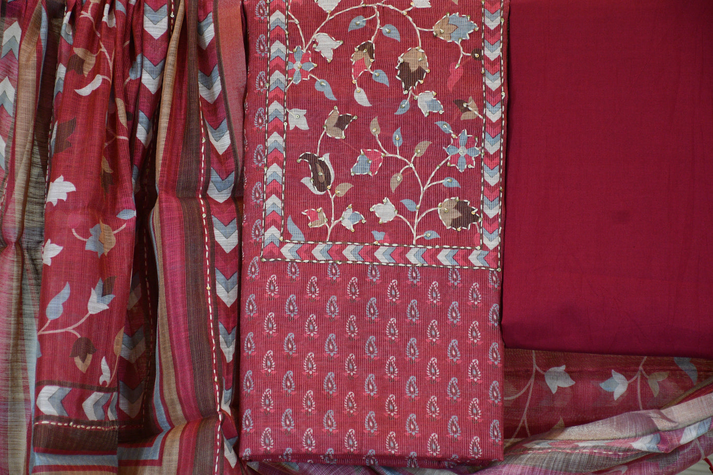 Maroon Floral Printed Dress Material Set