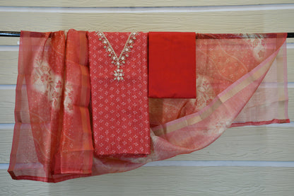 Coral Red Embroidered Cotton Dress Material Set