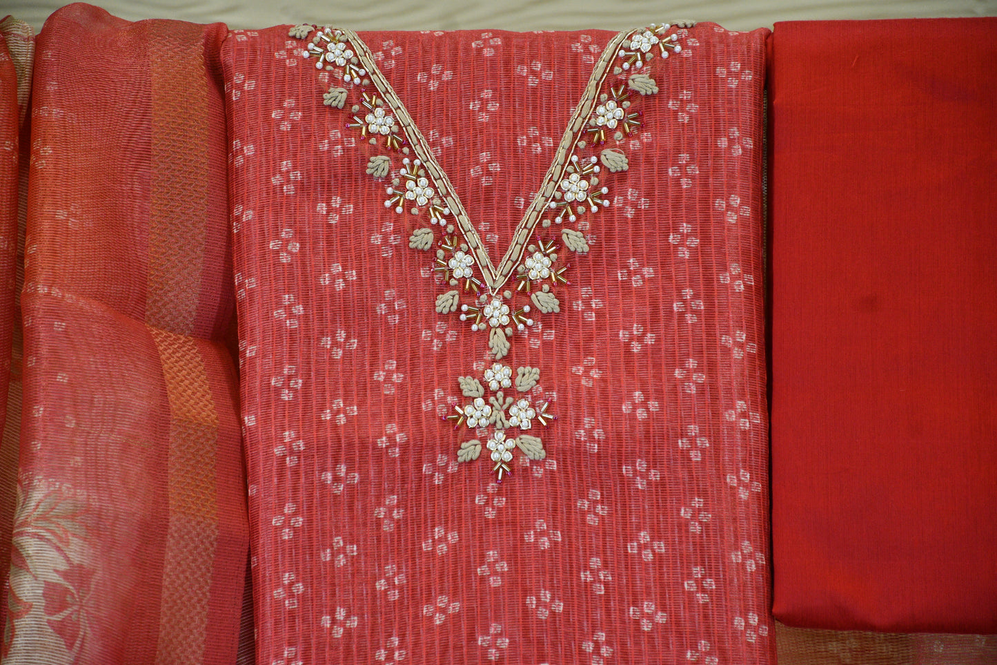 Coral Red Embroidered Cotton Dress Material Set