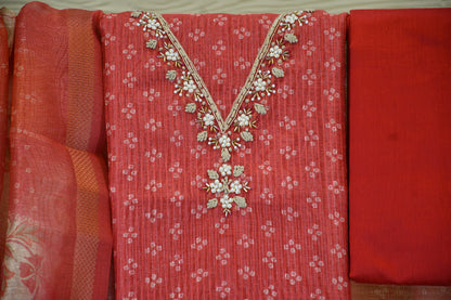 Coral Red Embroidered Cotton Dress Material Set