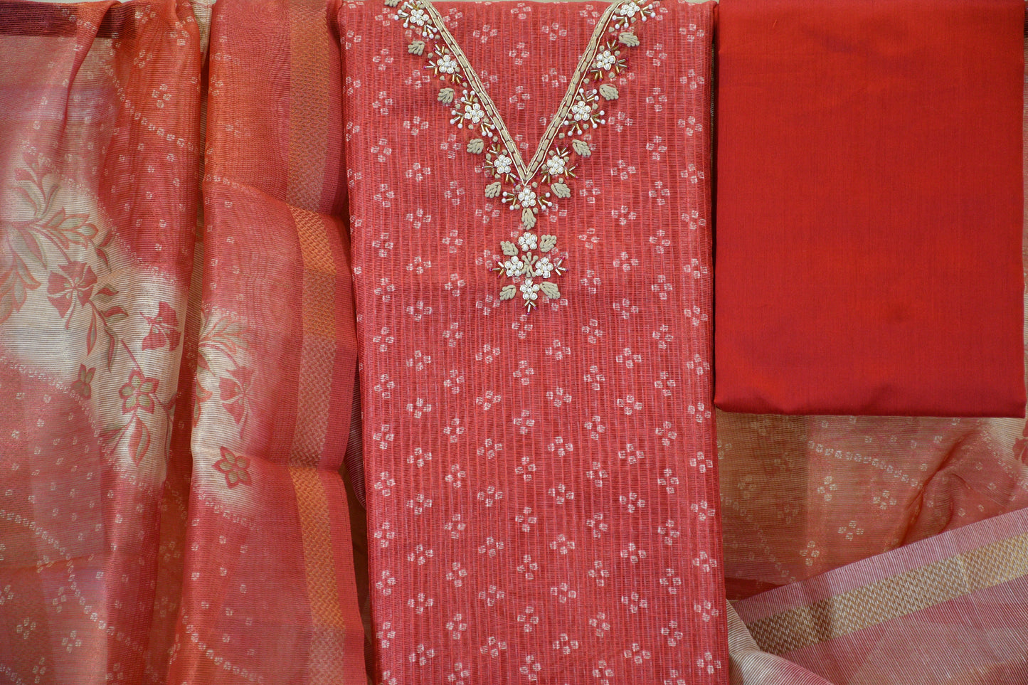 Coral Red Embroidered Cotton Dress Material Set