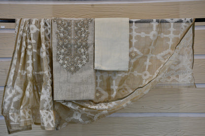 Elegant Sand Beige Embroidered Cotton Dress Material