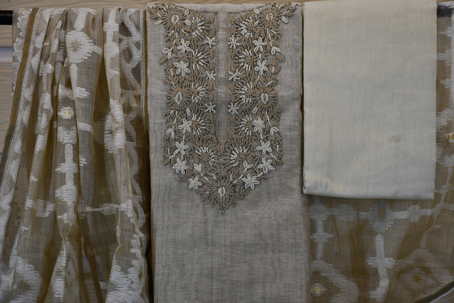 Elegant Sand Beige Embroidered Cotton Dress Material