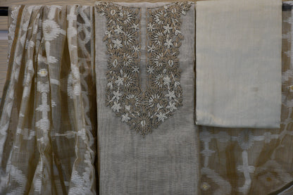 Elegant Sand Beige Embroidered Cotton Dress Material