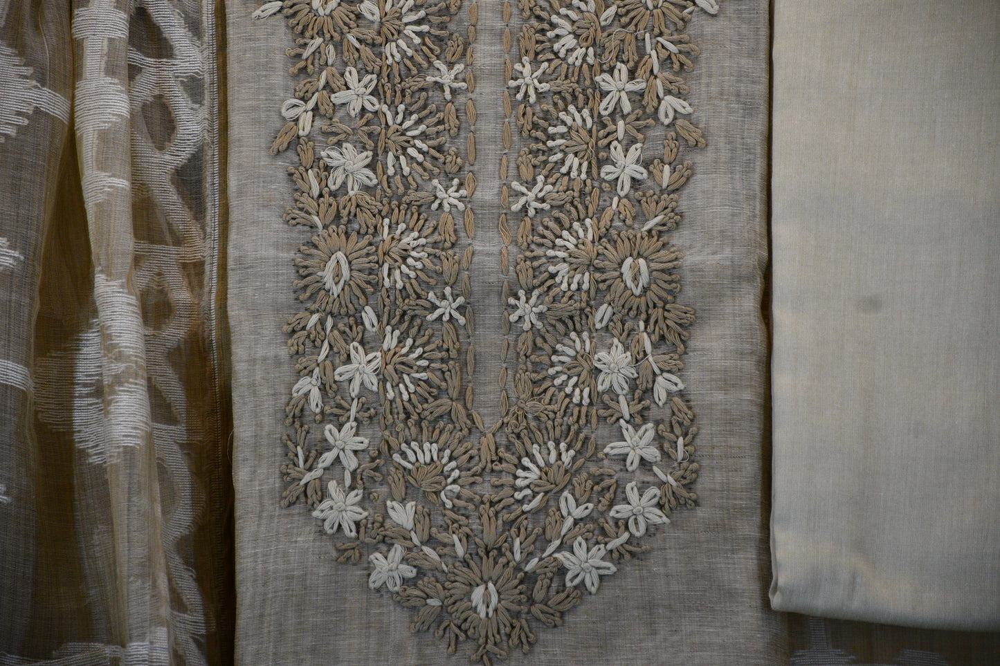 Elegant Sand Beige Embroidered Cotton Dress Material
