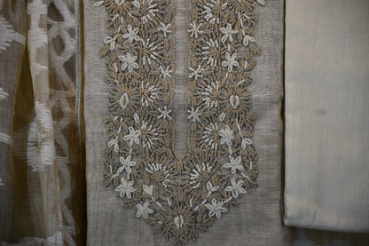 Elegant Sand Beige Embroidered Cotton Dress Material