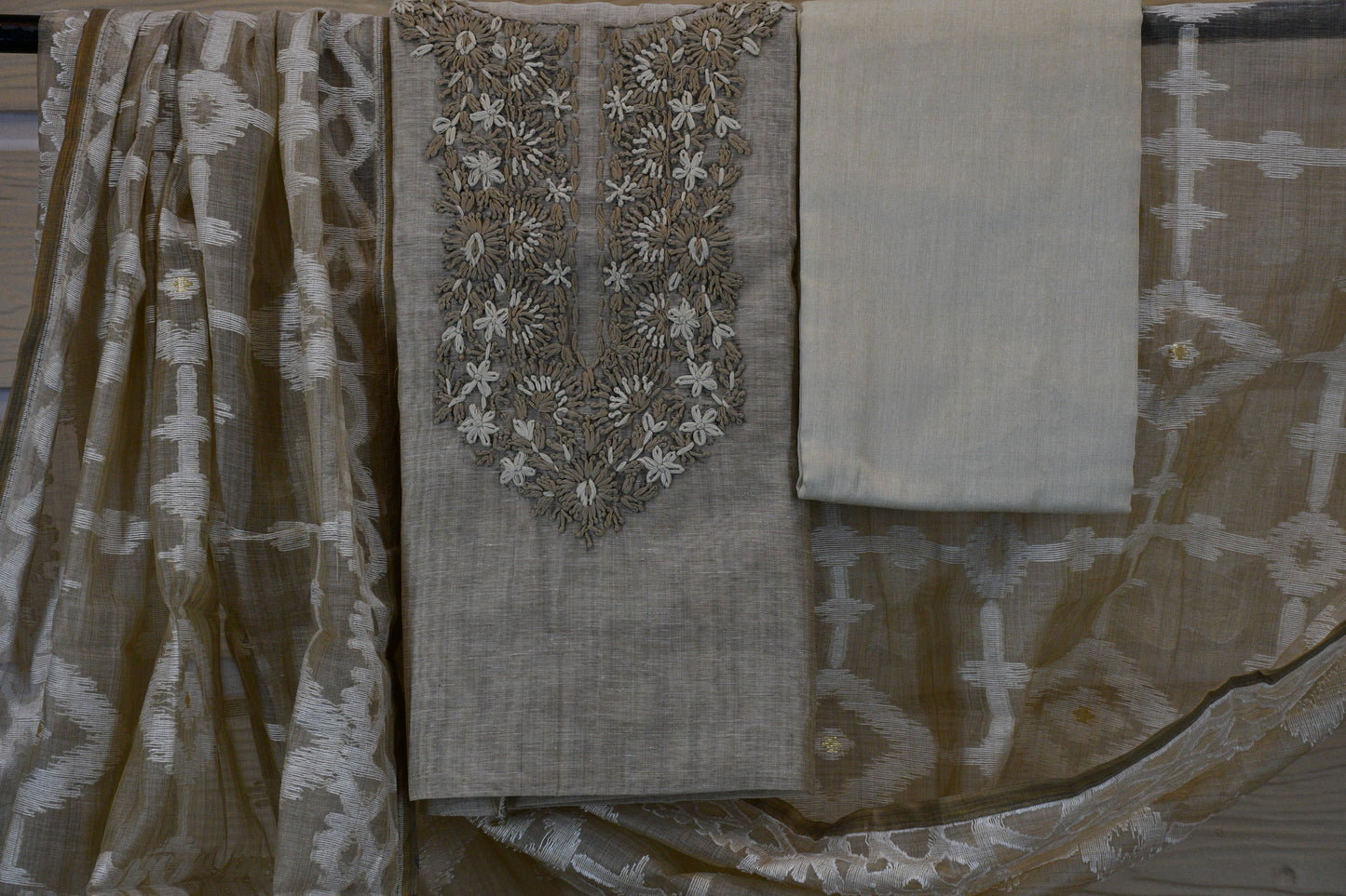 Elegant Sand Beige Embroidered Cotton Dress Material