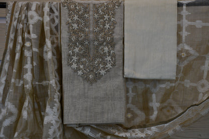Elegant Sand Beige Embroidered Cotton Dress Material