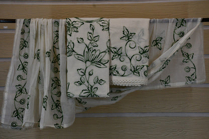White Floral Embroidered Dress Material
