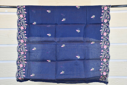 Navy Blue Floral Embroidered Cotton Dress Material