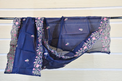 Navy Blue Floral Embroidered Cotton Dress Material