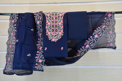 Navy Blue Floral Embroidered Cotton Dress Material