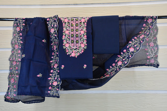 Navy Blue Floral Embroidered Cotton Dress Material