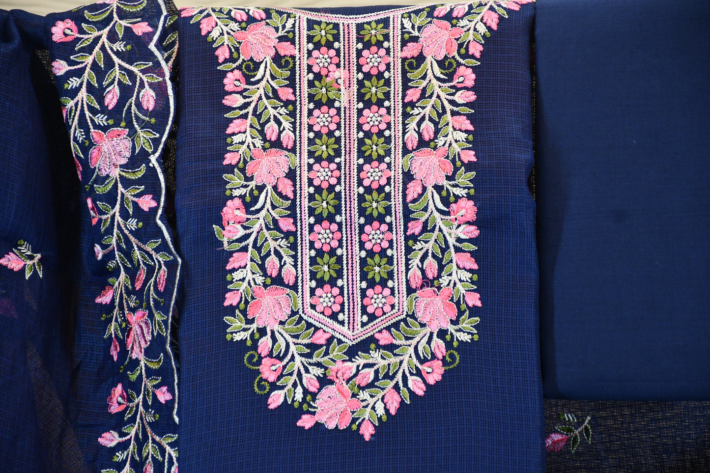 Navy Blue Floral Embroidered Cotton Dress Material