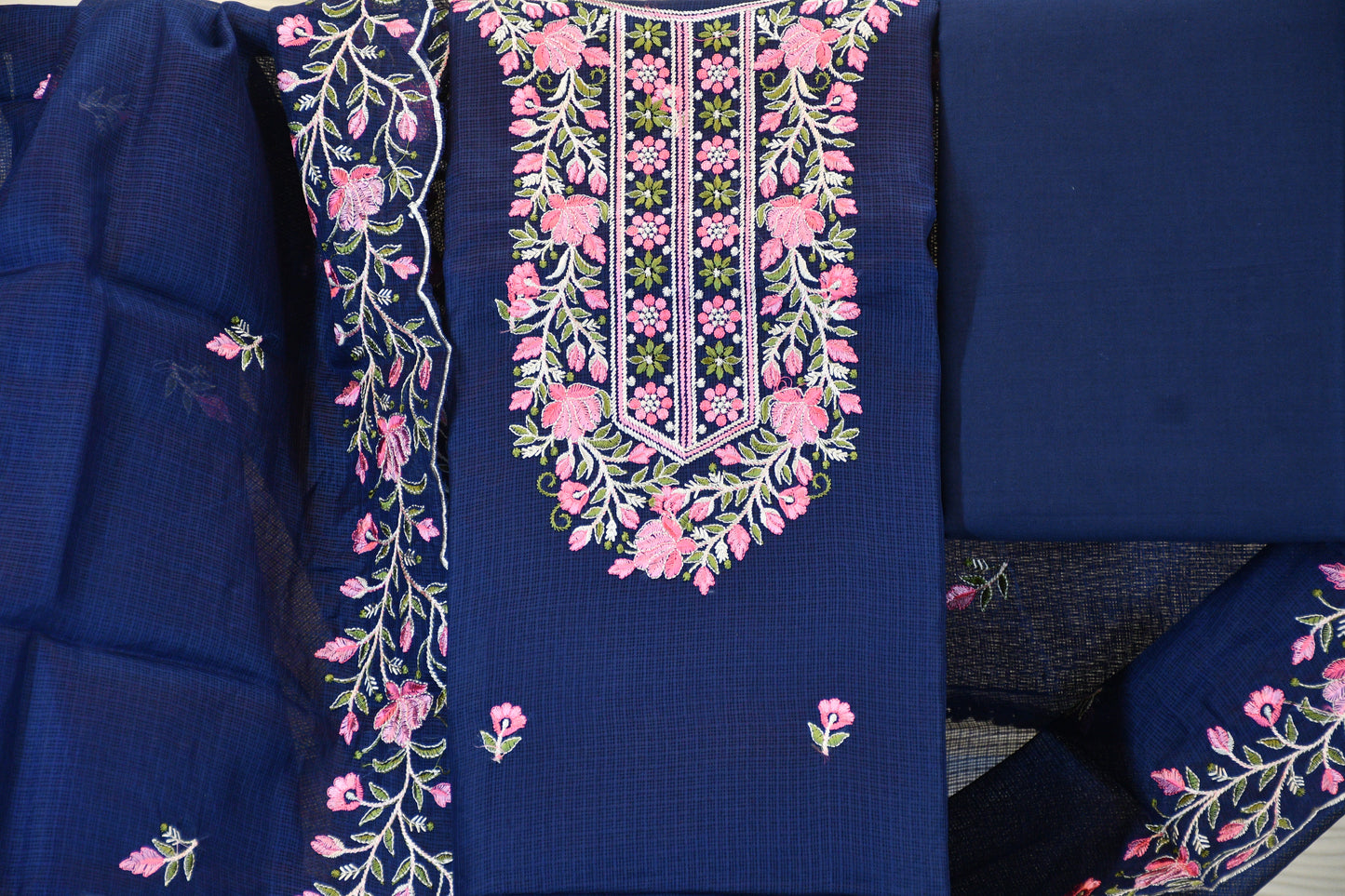 Navy Blue Floral Embroidered Cotton Dress Material