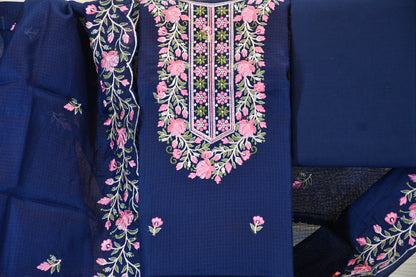 Navy Blue Floral Embroidered Cotton Dress Material