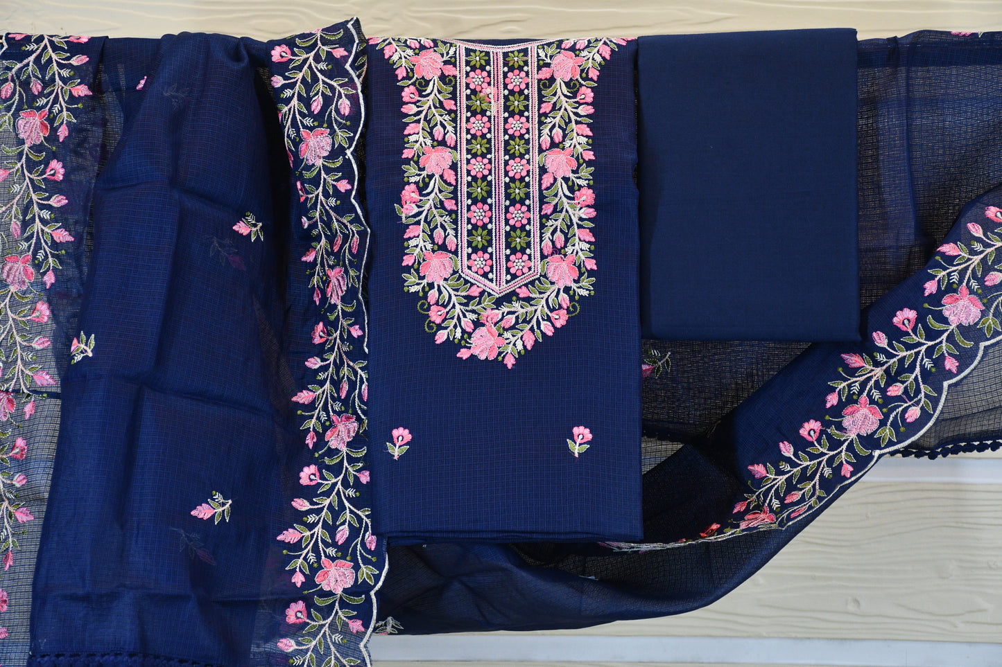 Navy Blue Floral Embroidered Cotton Dress Material
