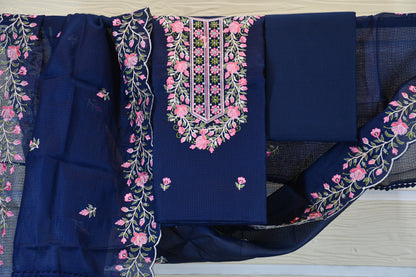 Navy Blue Floral Embroidered Cotton Dress Material