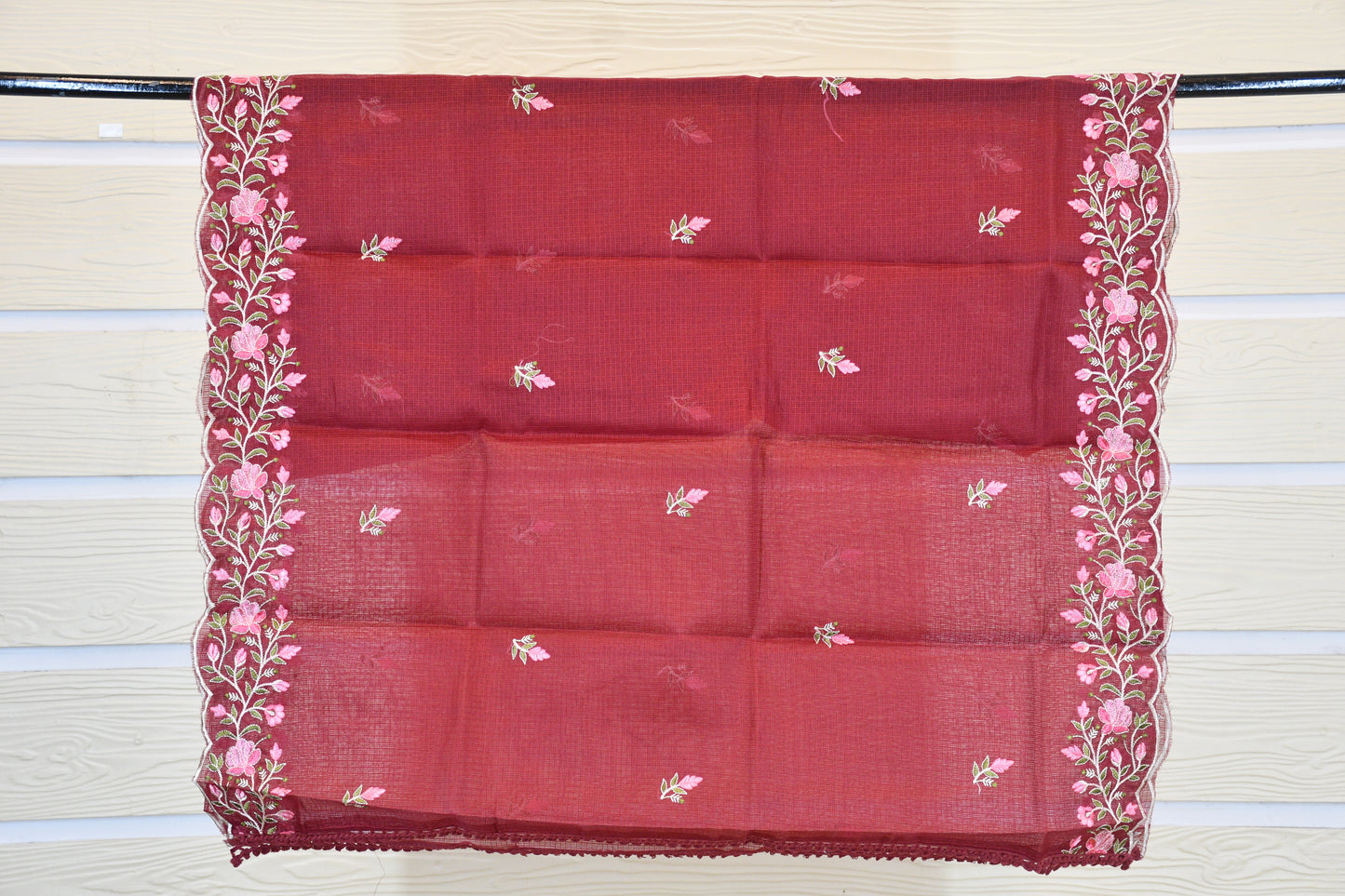 Wine Red Floral Embroidered Cotton Dress Material