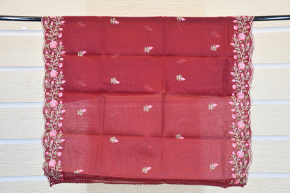 Wine Red Floral Embroidered Cotton Dress Material