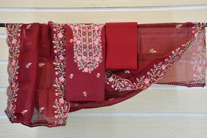 Wine Red Floral Embroidered Cotton Dress Material