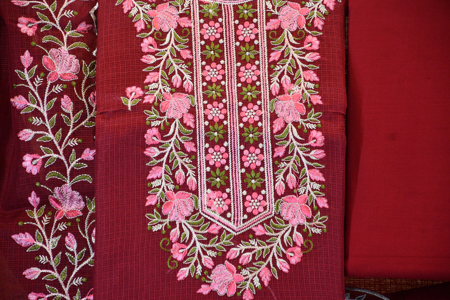 Wine Red Floral Embroidered Cotton Dress Material