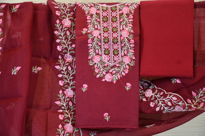 Wine Red Floral Embroidered Cotton Dress Material