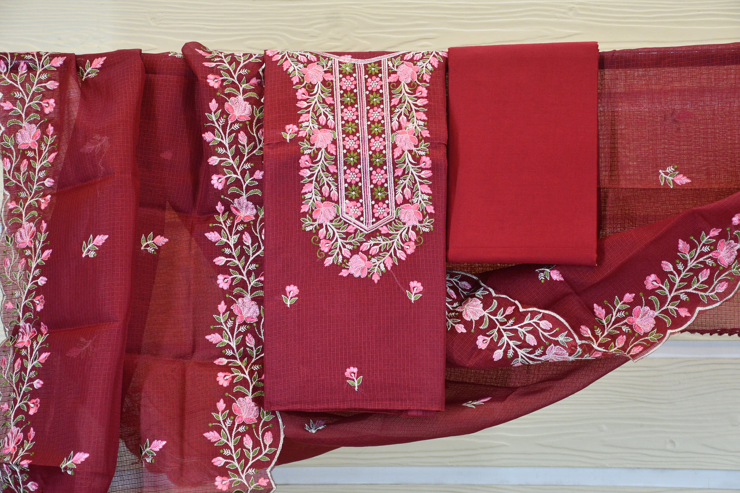 Wine Red Floral Embroidered Cotton Dress Material