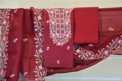 Wine Red Floral Embroidered Cotton Dress Material