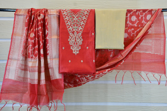 Ruby Red Silk Blend Dress Material