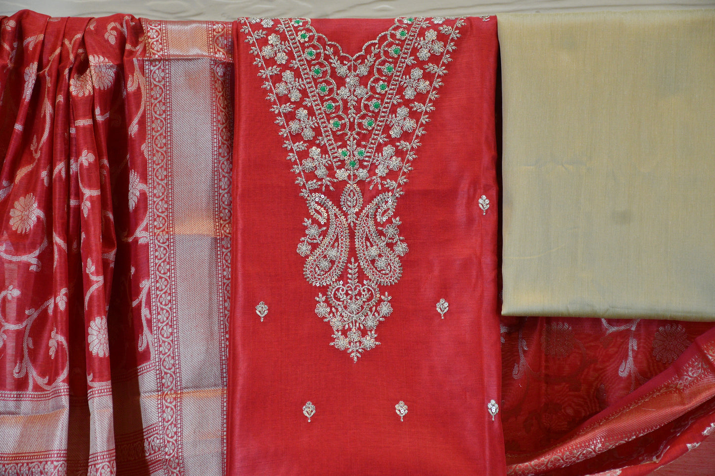 Ruby Red Silk Blend Dress Material