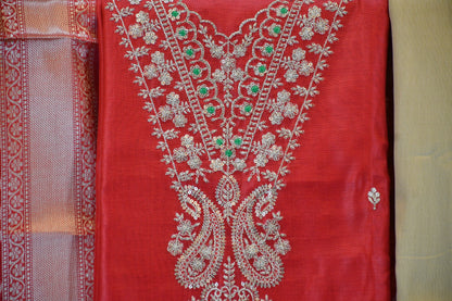 Ruby Red Silk Blend Dress Material
