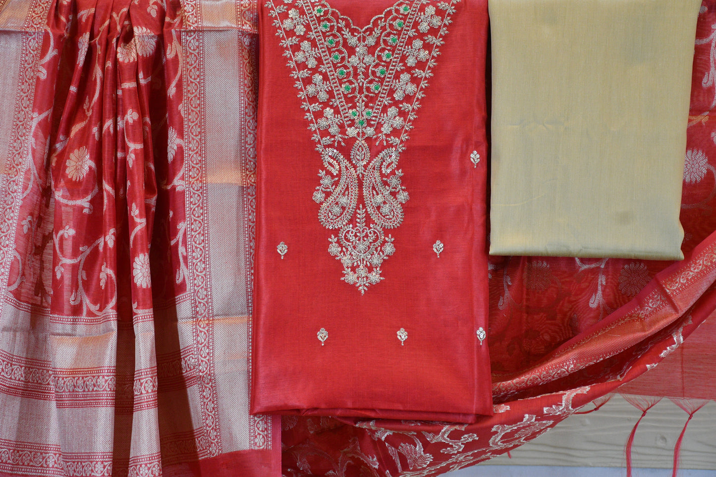 Ruby Red Silk Blend Dress Material