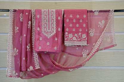 Rose Pink Hand-Embroidered Cotton Chanderi Suit Set
