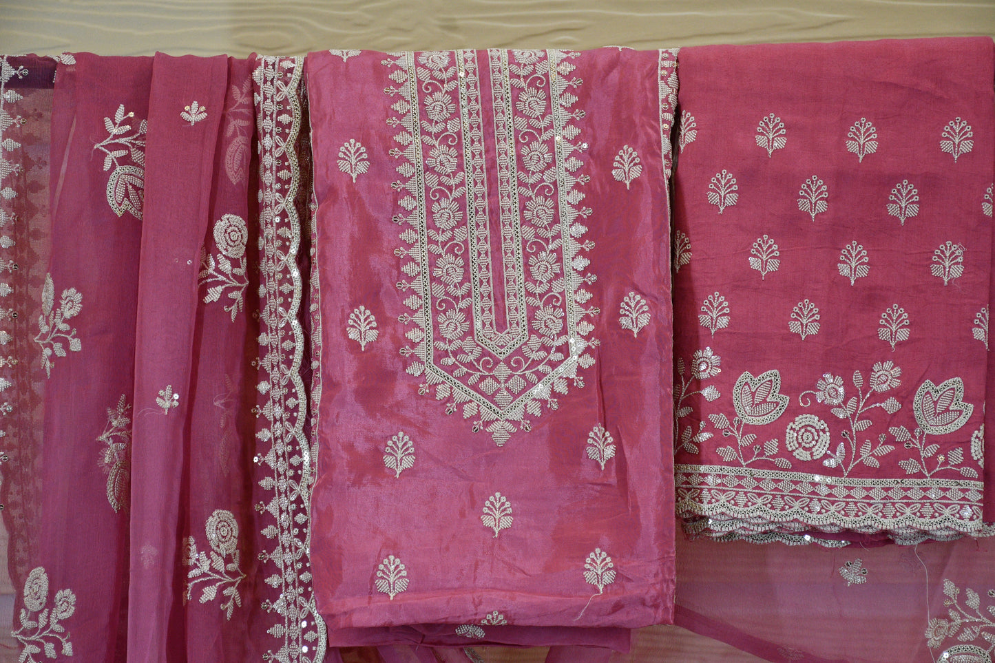 Rose Pink Hand-Embroidered Cotton Chanderi Suit Set