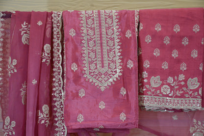 Rose Pink Hand-Embroidered Cotton Chanderi Suit Set