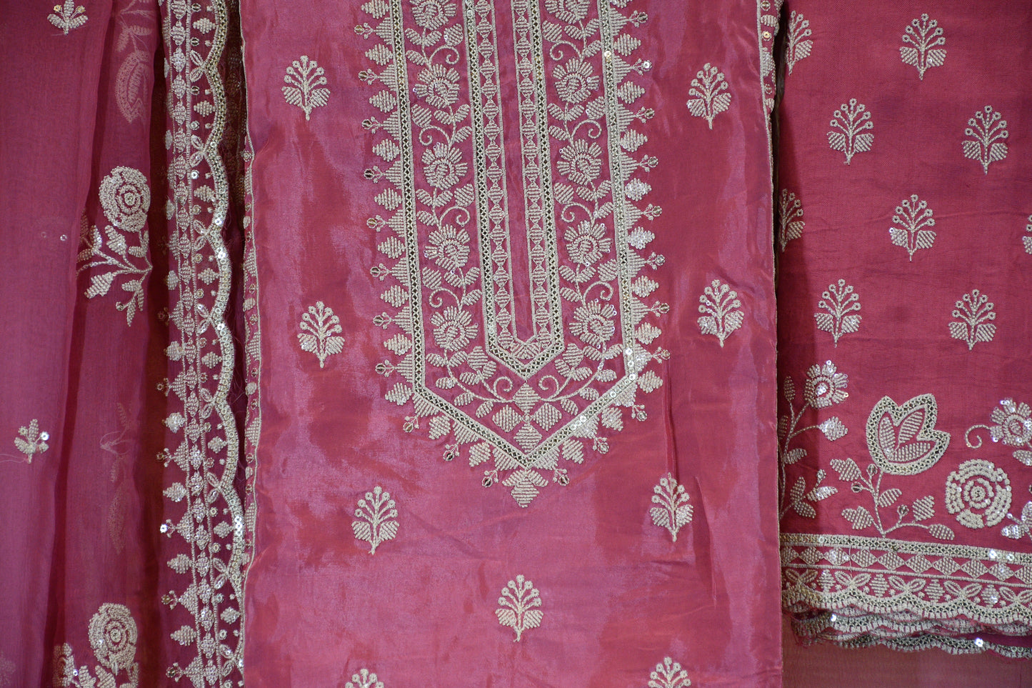 Rose Pink Hand-Embroidered Cotton Chanderi Suit Set