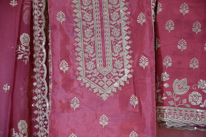 Rose Pink Hand-Embroidered Cotton Chanderi Suit Set