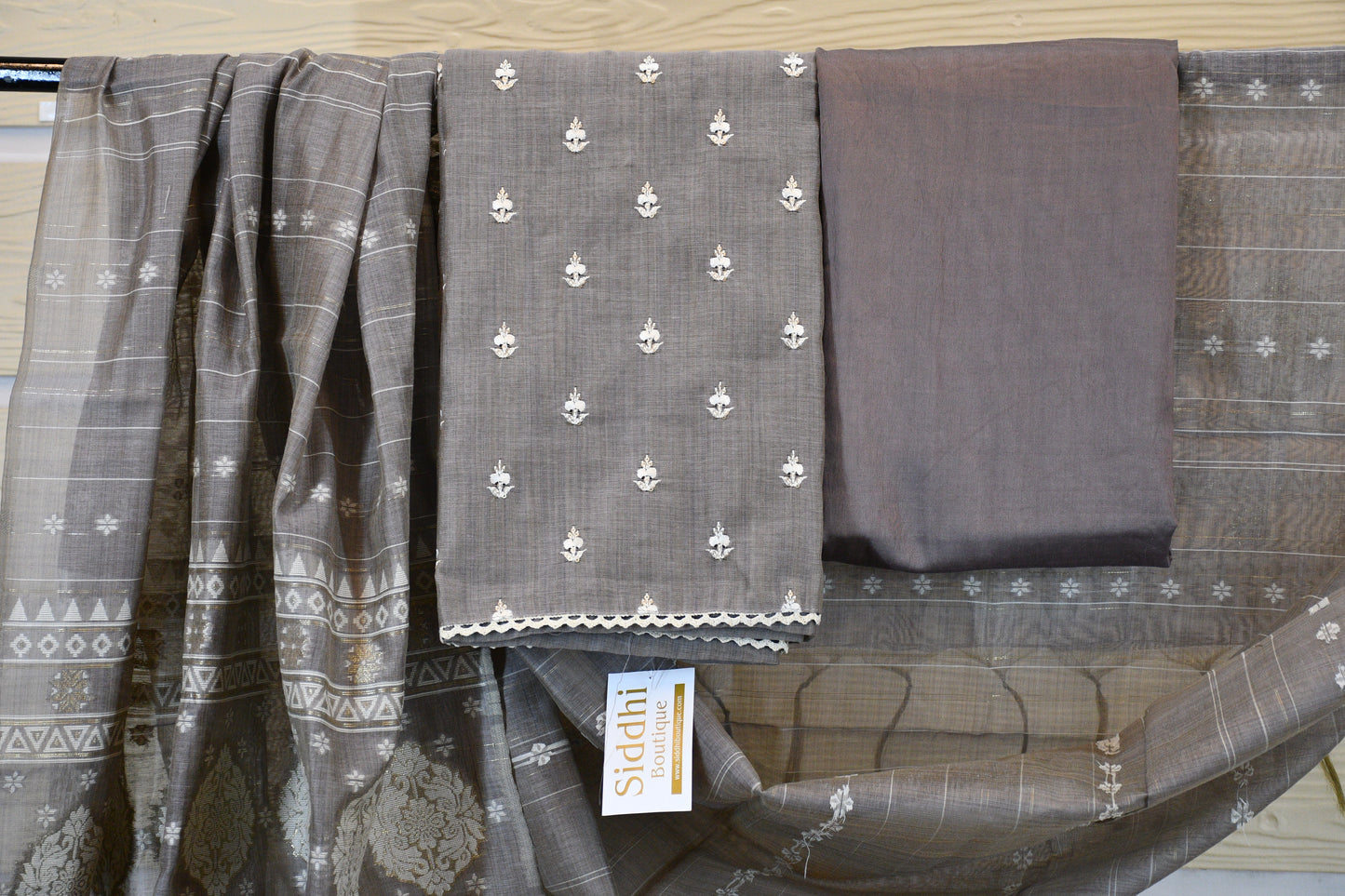 Grey Chanderi COtton Dress Material
