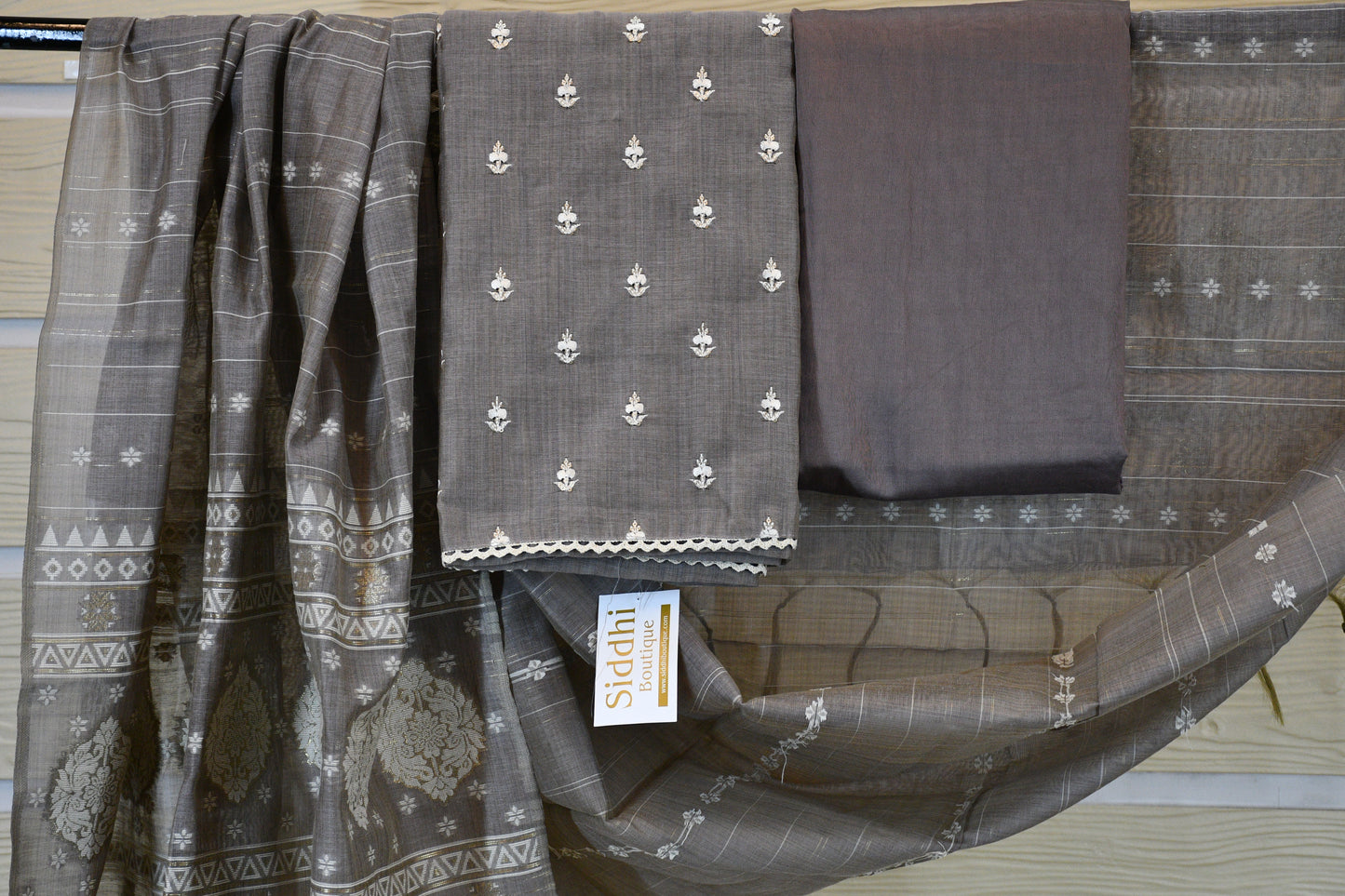 Grey Chanderi COtton Dress Material