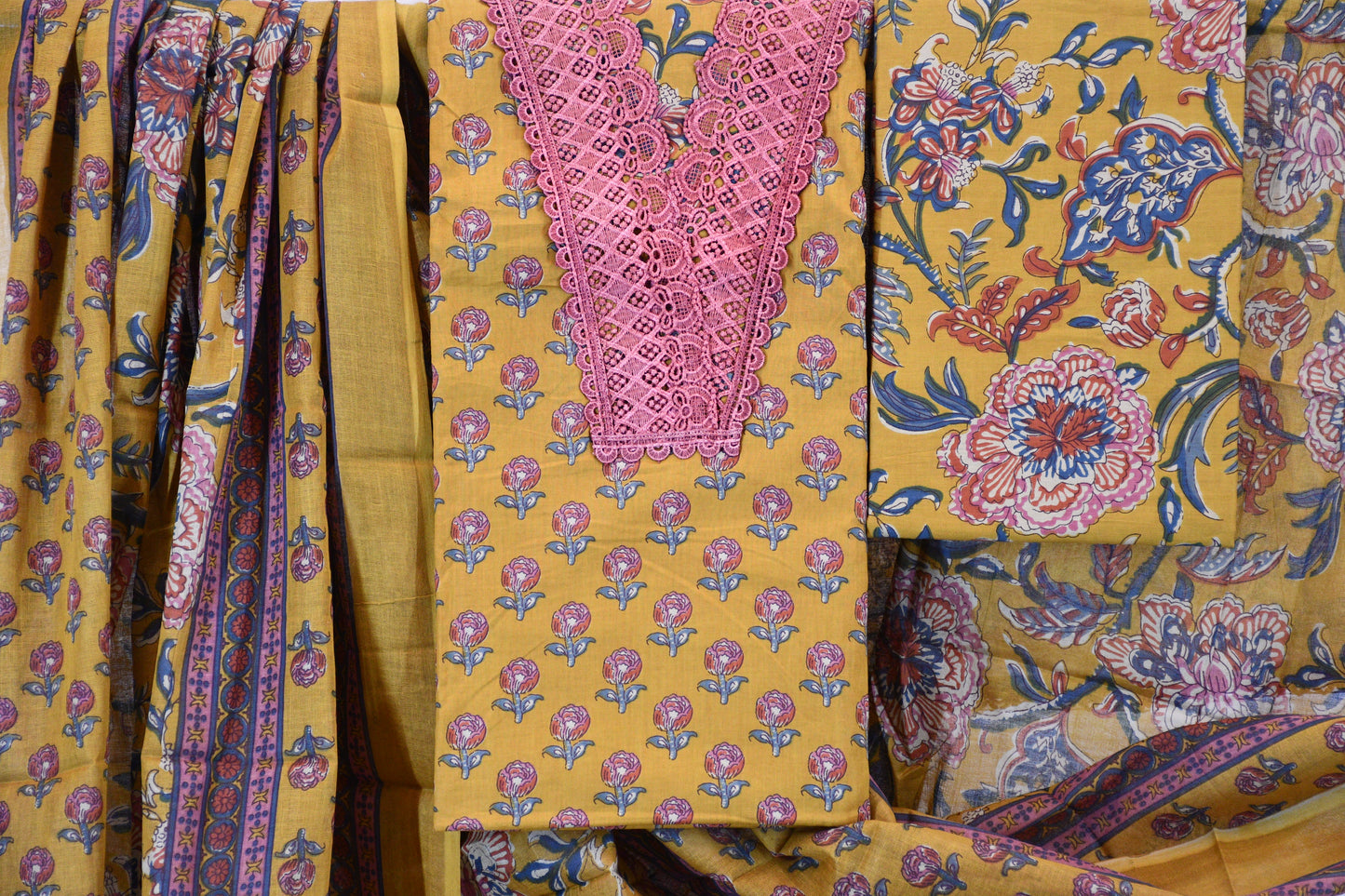 Mustard Yellow Hand-Block Floral Print Cotton Dress Material