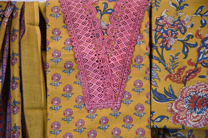 Mustard Yellow Hand-Block Floral Print Cotton Dress Material